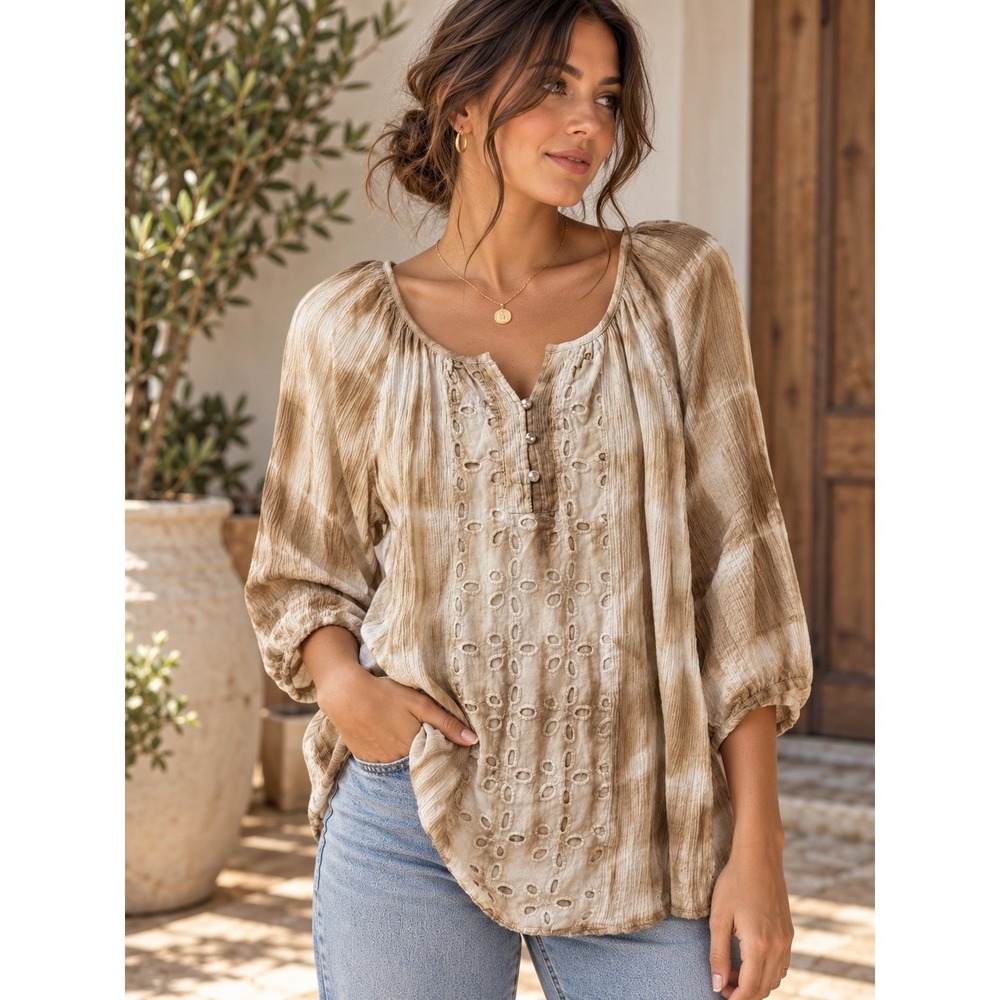 Studio Works Women's Petite L Yellow Tie Dye Chiffon 3/4 Sleeve Eyelet Blouse